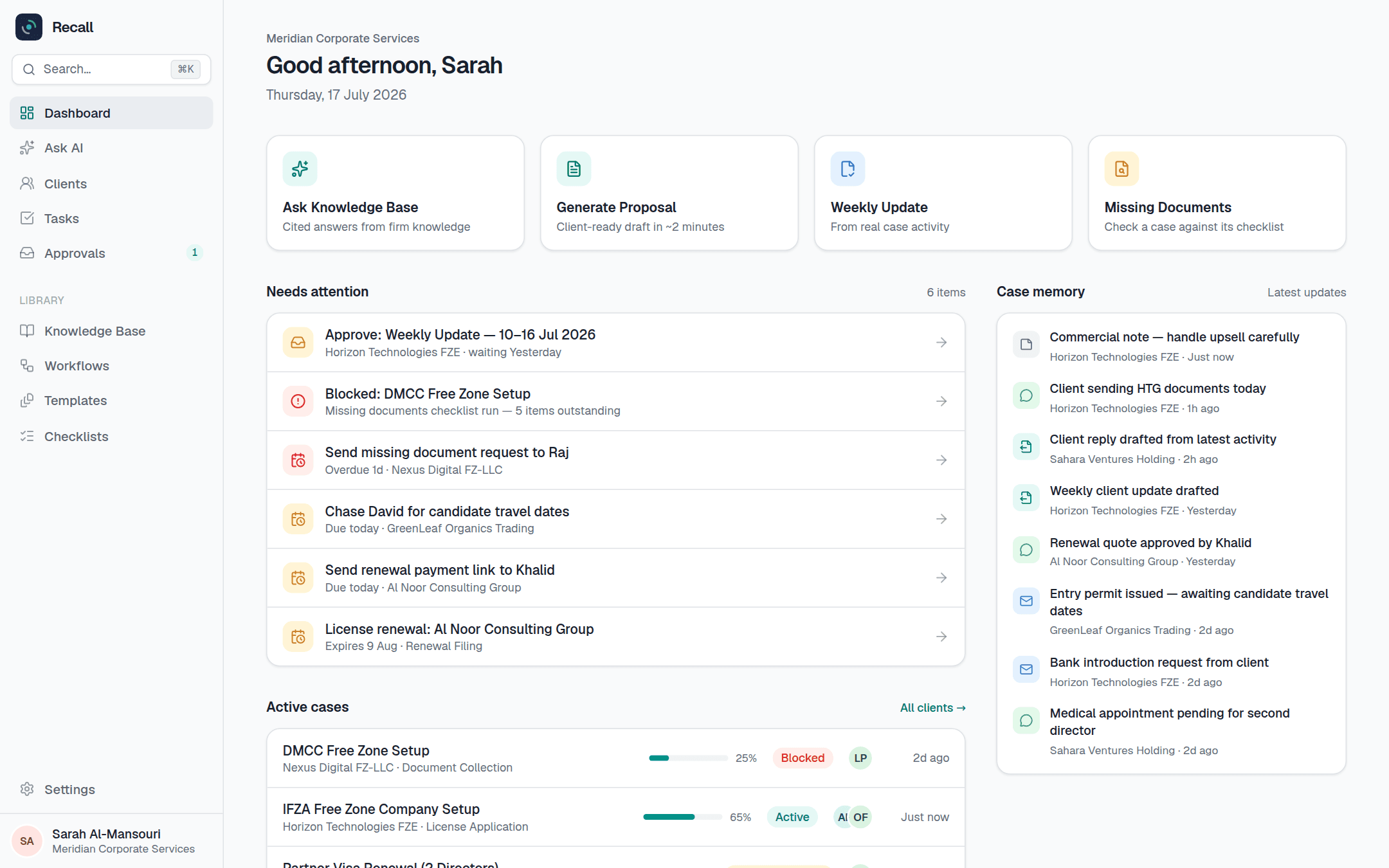 Recall dashboard — needs-attention queue, active cases, and live case memory